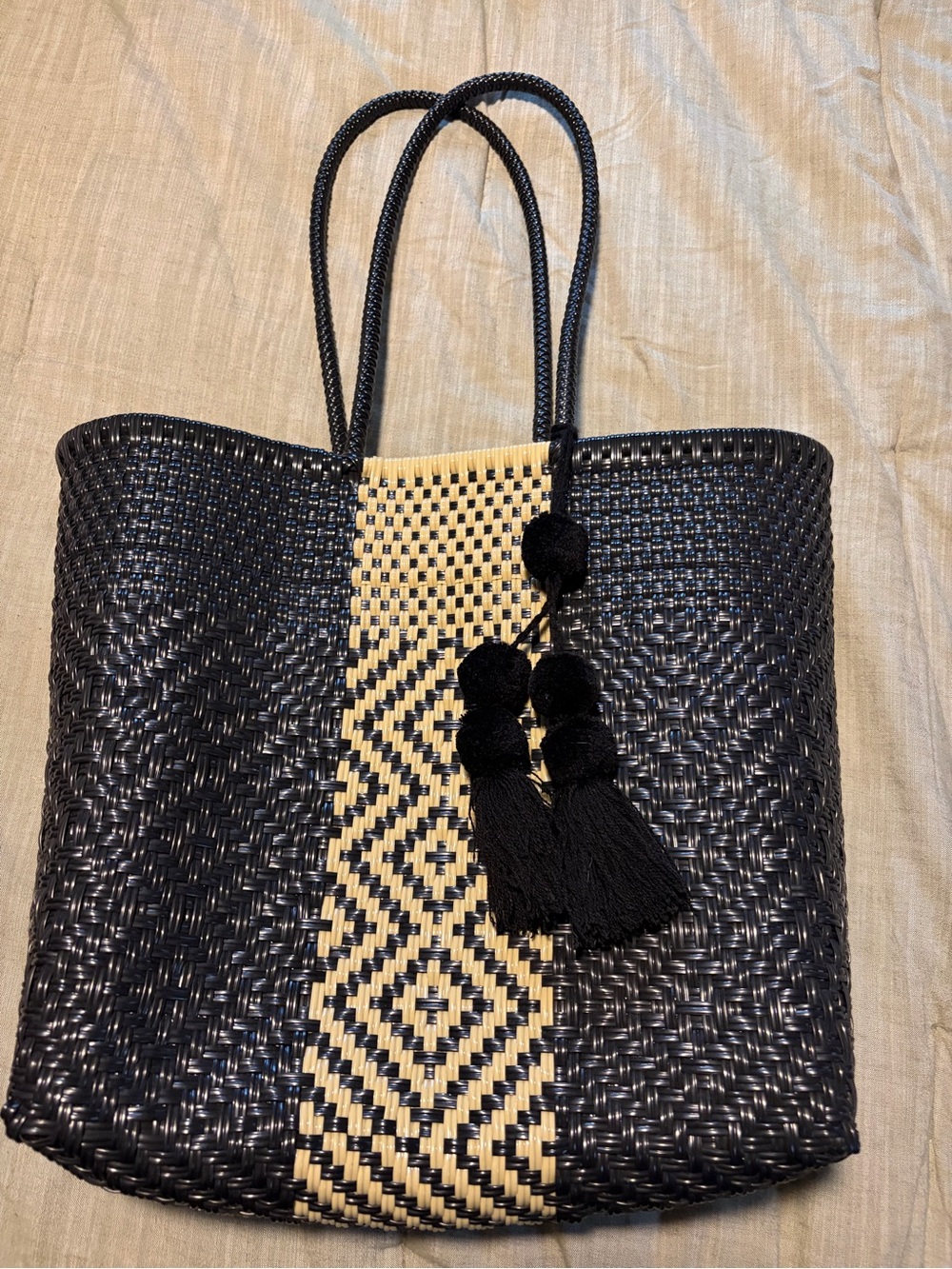 Woven Black Tote Bag with Cream Accent and Tassels